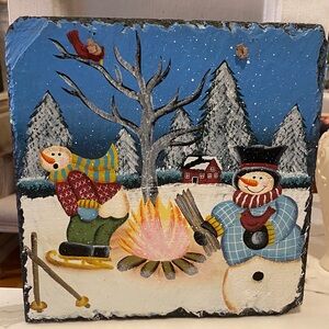 Festive Snowman and Snow Scene Holiday Slate Wall Outdoor/ Indoor Decor